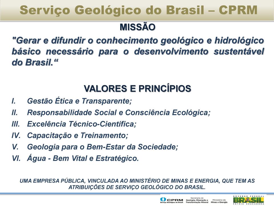 Excelência Técnico-Científica; IV. Capacitação e Treinamento; V. Geologia para o Bem-Estar da Sociedade; VI.