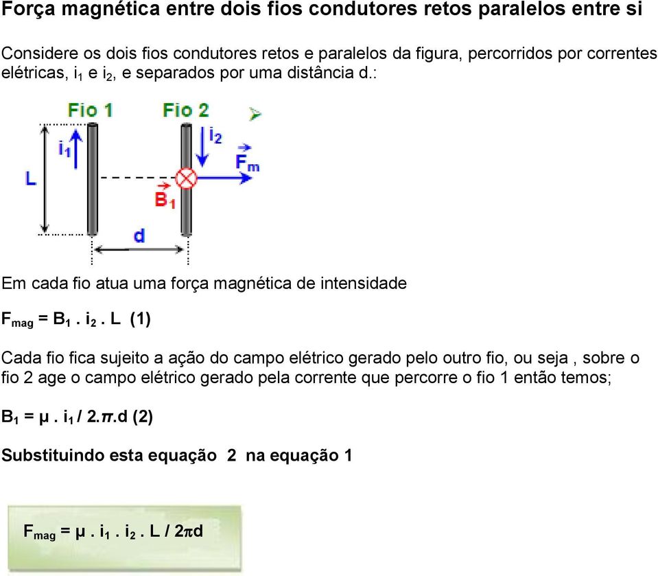 : Em cada fio atua uma força magnética de intensidade F mag = B 1. i 2.