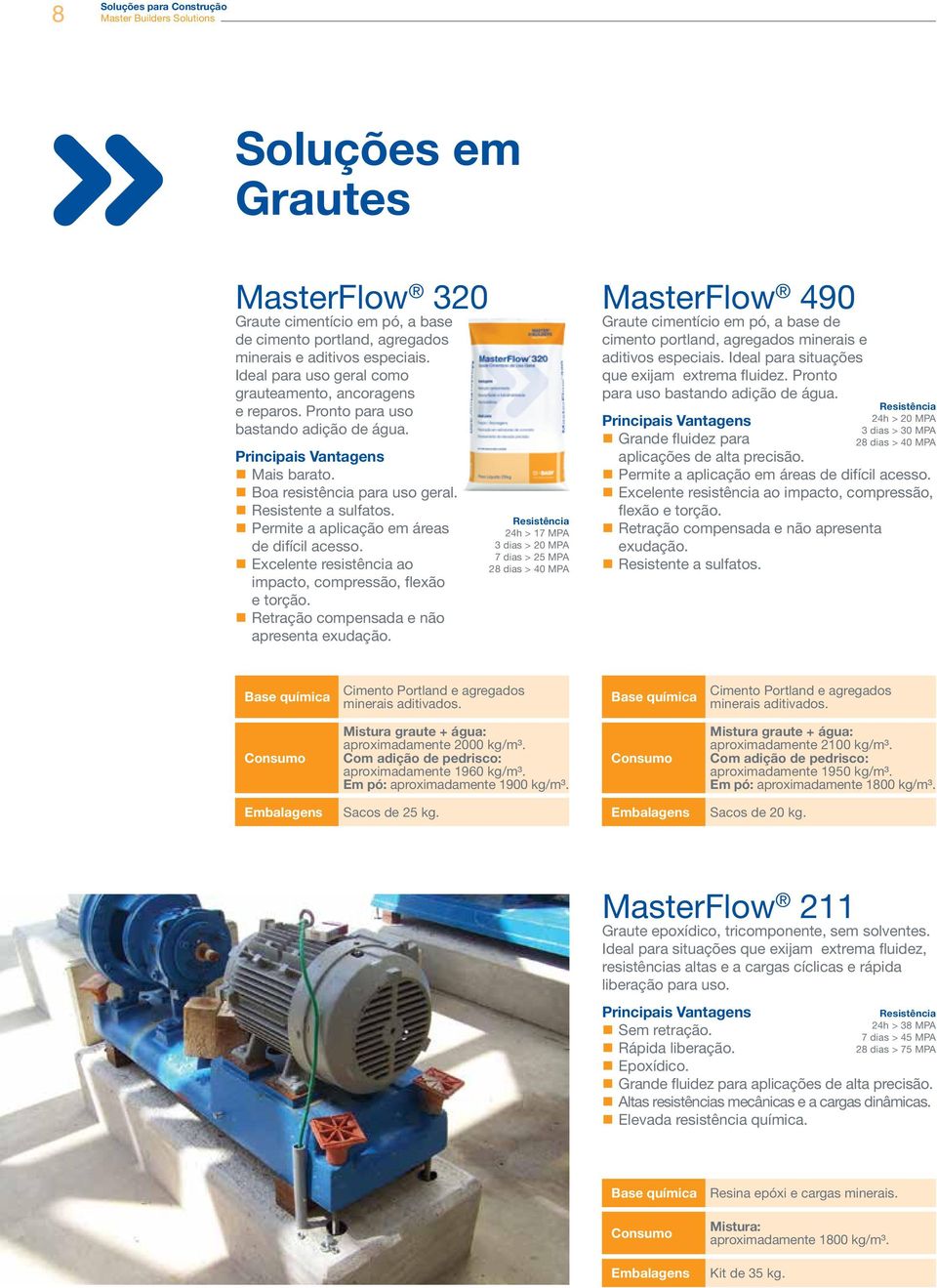 Permite a aplicação em áreas de difícil acesso. Excelente resistência ao impacto, compressão, flexão e torção. Retração compensada e não apresenta exudação.