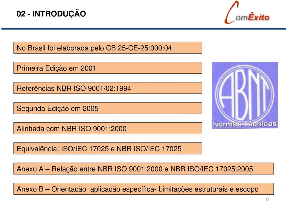 Equivalência: ISO/IEC 17025 e NBR ISO/IEC 17025 Anexo A Relação entre NBR ISO 9001:2000 e