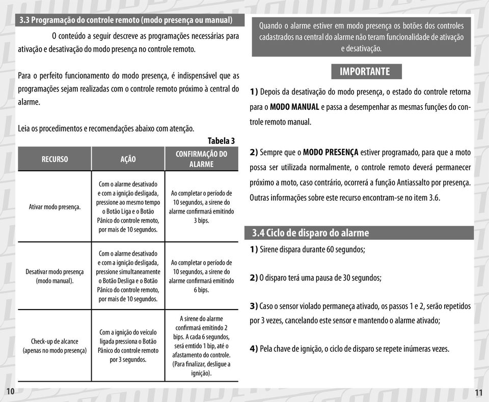 Leia os procedimentos e recomendações abaixo com atenção. Tabela 3 RECURSO AÇÃO CONFIRMAÇÃO DO ALARME Ativar modo presença. Desativar modo presença (modo manual).