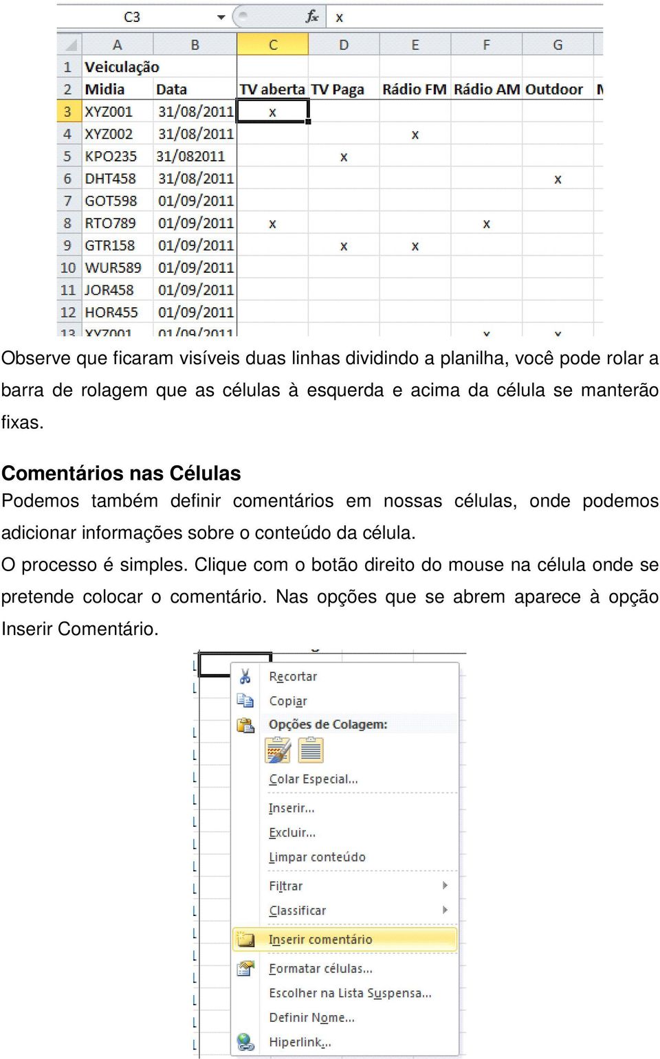 Comentários nas Células Podemos também definir comentários em nossas células, onde podemos adicionar informações