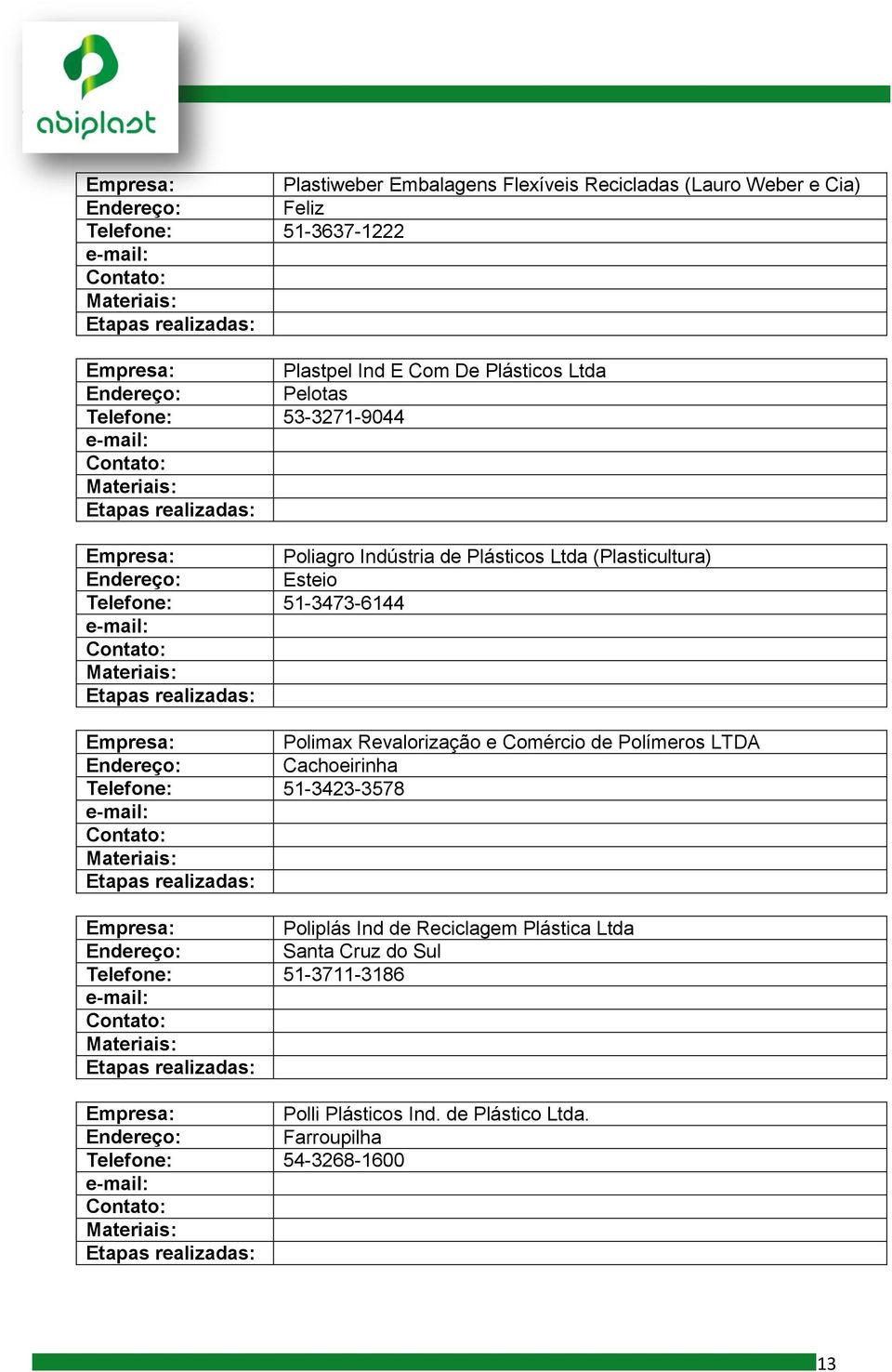 51-3473-6144 Polimax Revalorização e Comércio de Polímeros LTDA Cachoeirinha Telefone: 51-3423-3578 Poliplás Ind de