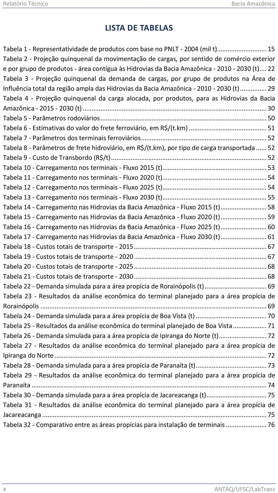 .. 22 Tabela 3 - Projeção quinquenal da demanda de cargas, por grupo de produtos na Área de Influência total da região ampla das Hidrovias da Bacia Amazônica - 2010-2030 (t).