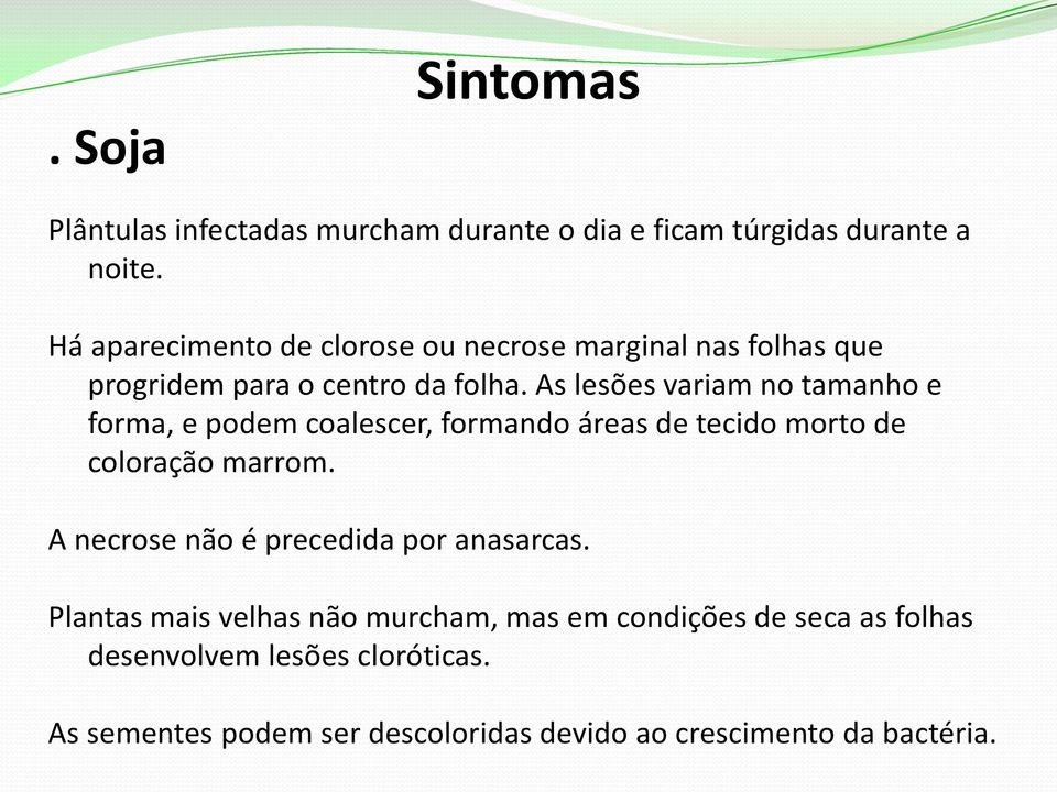 As lesões variam no tamanho e forma, e podem coalescer, formando áreas de tecido morto de coloração marrom.