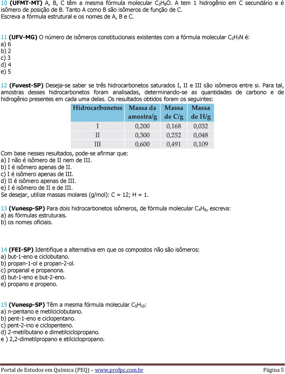 11 (UFV-MG) O número de isômeros constitucionais existentes com a fórmula molecular C 2 H 7 N é: a) 6 b) 2 c) 3 d) 4 e) 5 12 (Fuvest-SP) Deseja-se saber se três hidrocarbonetos saturados I, II e III