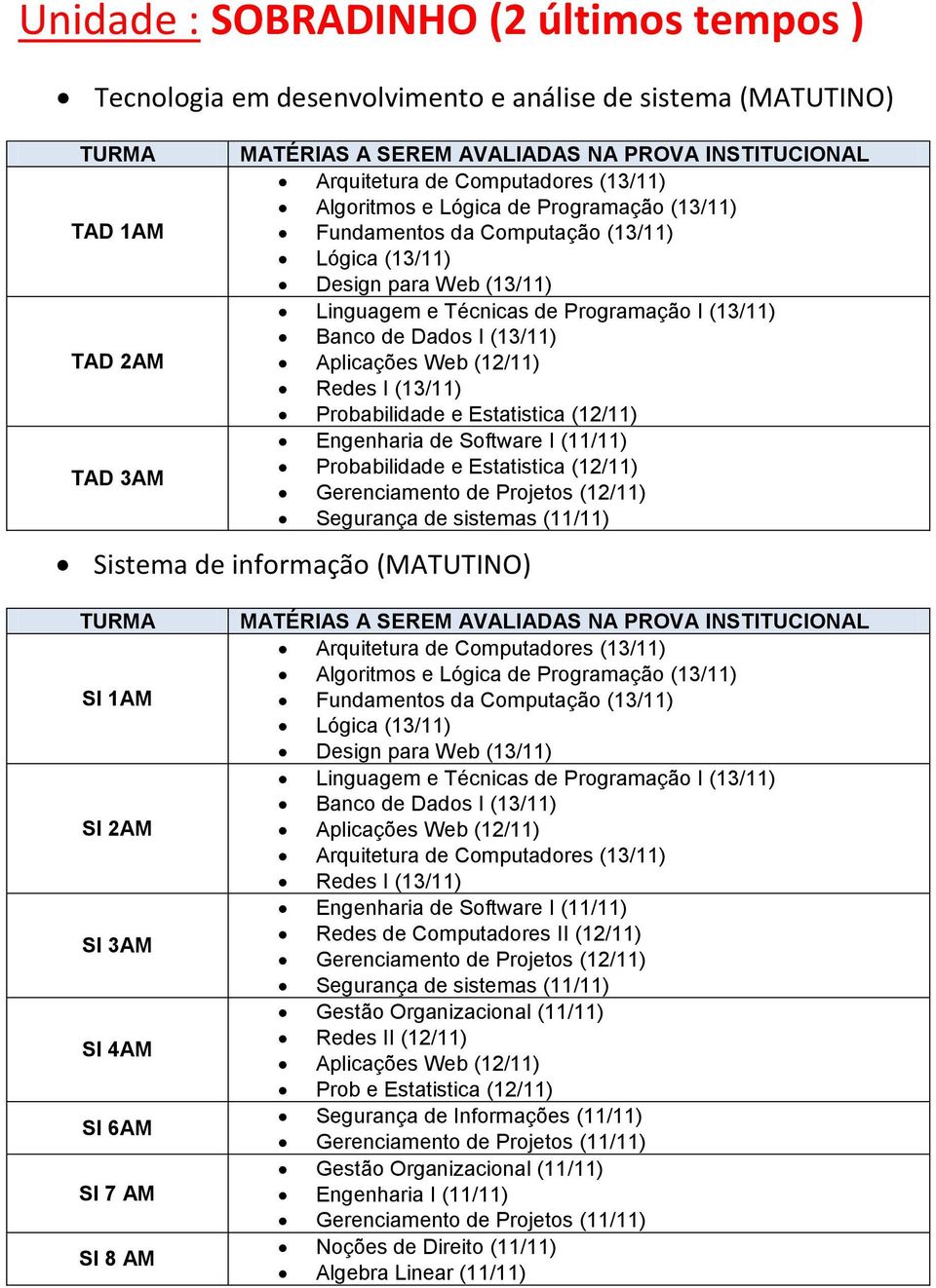 Probabilidade e Estatistica (12/11) Engenharia de Software I (11/11) Probabilidade e Estatistica (12/11) Gerenciamento de Projetos (12/11) Segurança de sistemas (11/11) Sistema de informação