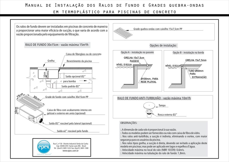 Grade quebra-ondas com caixilho 15x7,5cm PP RLO E FUNO 30x15cm - vazão máxima 15m³/h Opções de instalação: aixa de fiberglass ou de concreto Opção - instalação no passeio Opção - instalação na borda