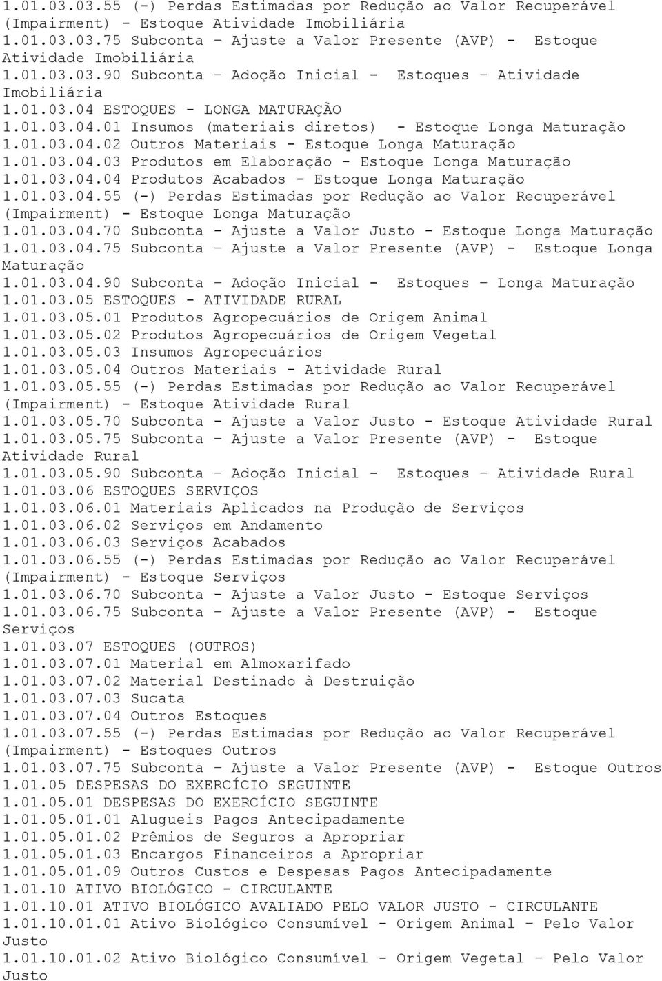 01.03.04.03 Produtos em Elaboração - Estoque Longa Maturação 1.01.03.04.04 Produtos Acabados - Estoque Longa Maturação 1.01.03.04.55 (-) Perdas Estimadas por Redução ao Valor Recuperável (Impairment) - Estoque Longa Maturação 1.