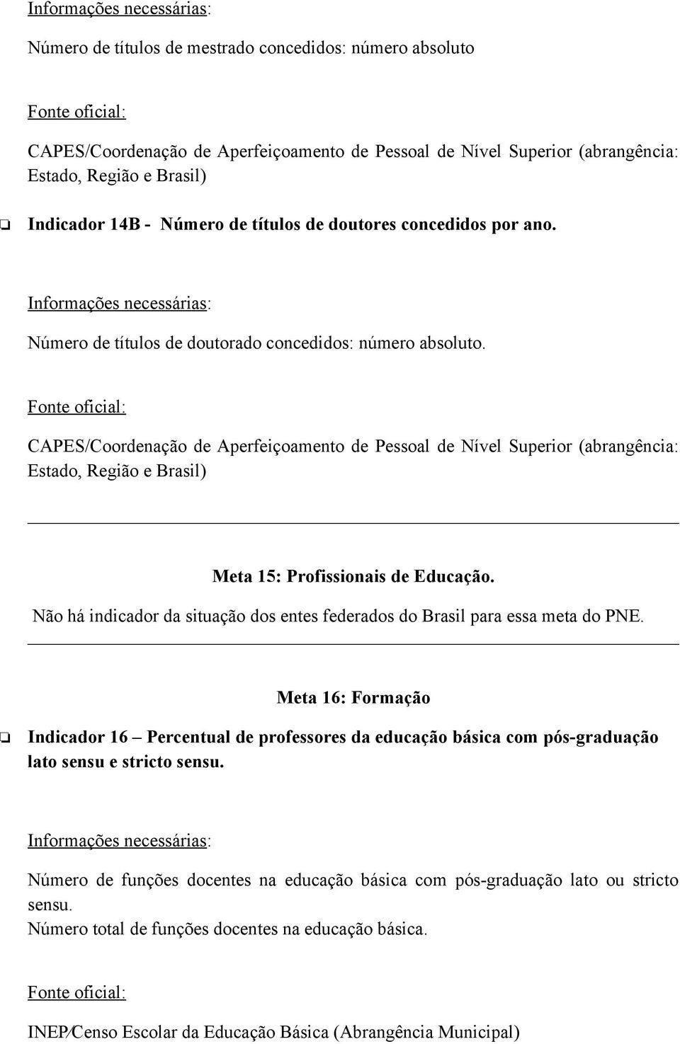 CAPES/Coordenação de Aperfeiçoamento de Pessoal de Nível Superior (abrangência: Estado, Região e Brasil) Meta 15: Profissionais de Educação.