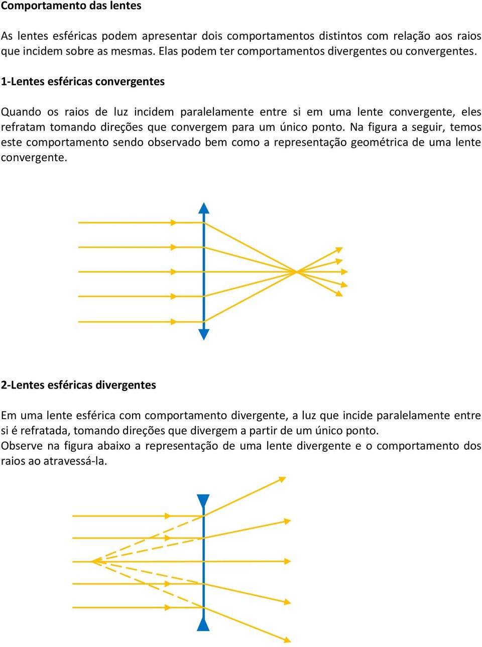 1-Lentes esféricas convergentes Quando os raios de luz incidem paralelamente entre si em uma lente convergente, eles refratam tomando direções que convergem para um único ponto.
