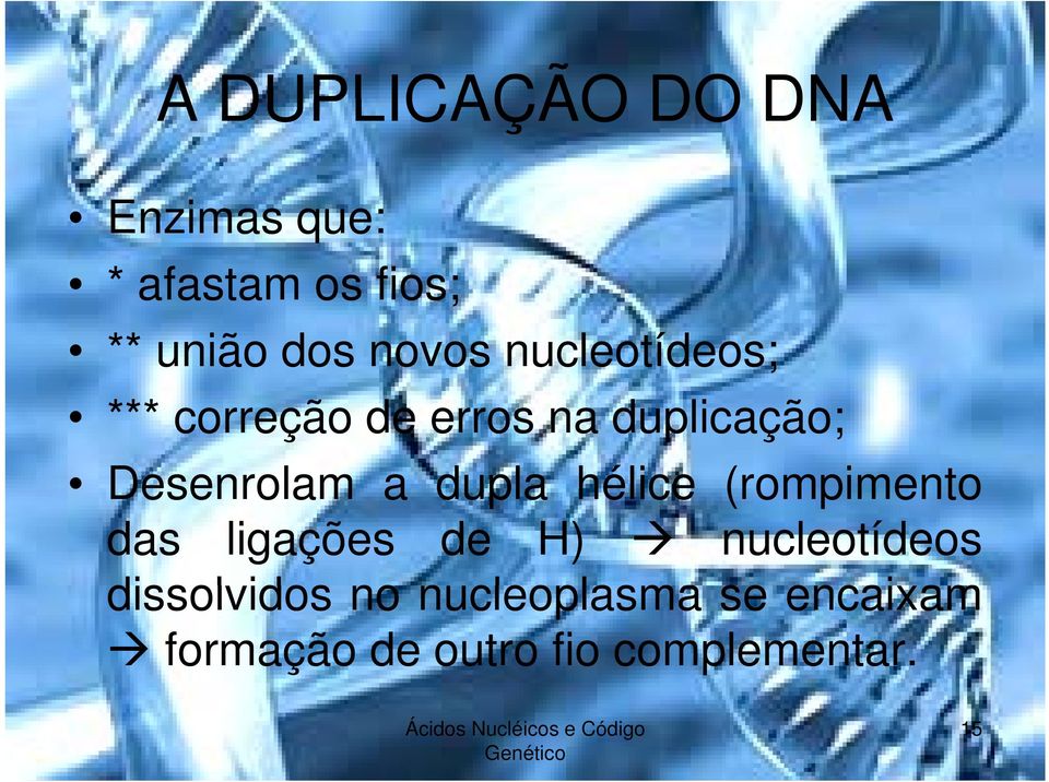 a dupla hélice (rompimento das ligações de H) nucleotídeos