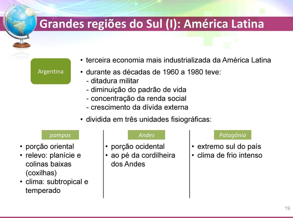 dividida em três unidades fisiográficas: pampas Andes Patagônia porção oriental relevo: planície e colinas baixas