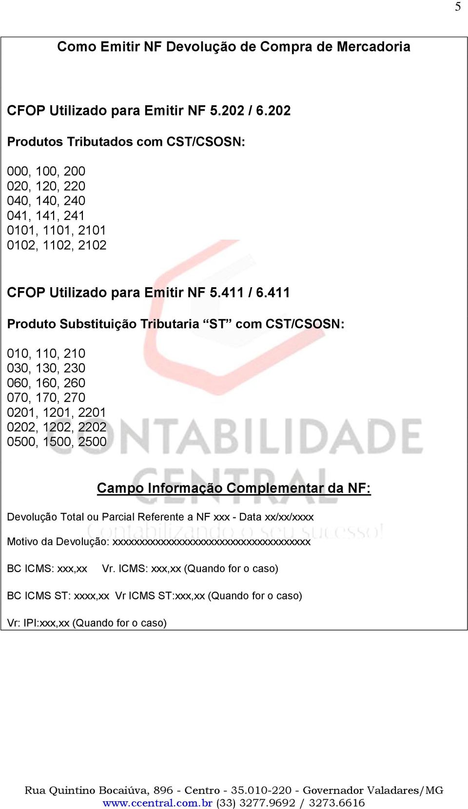 411 Produto Substituição Tributaria ST com CST/CSOSN: Devolução Total ou Parcial Referente a NF xxx - Data