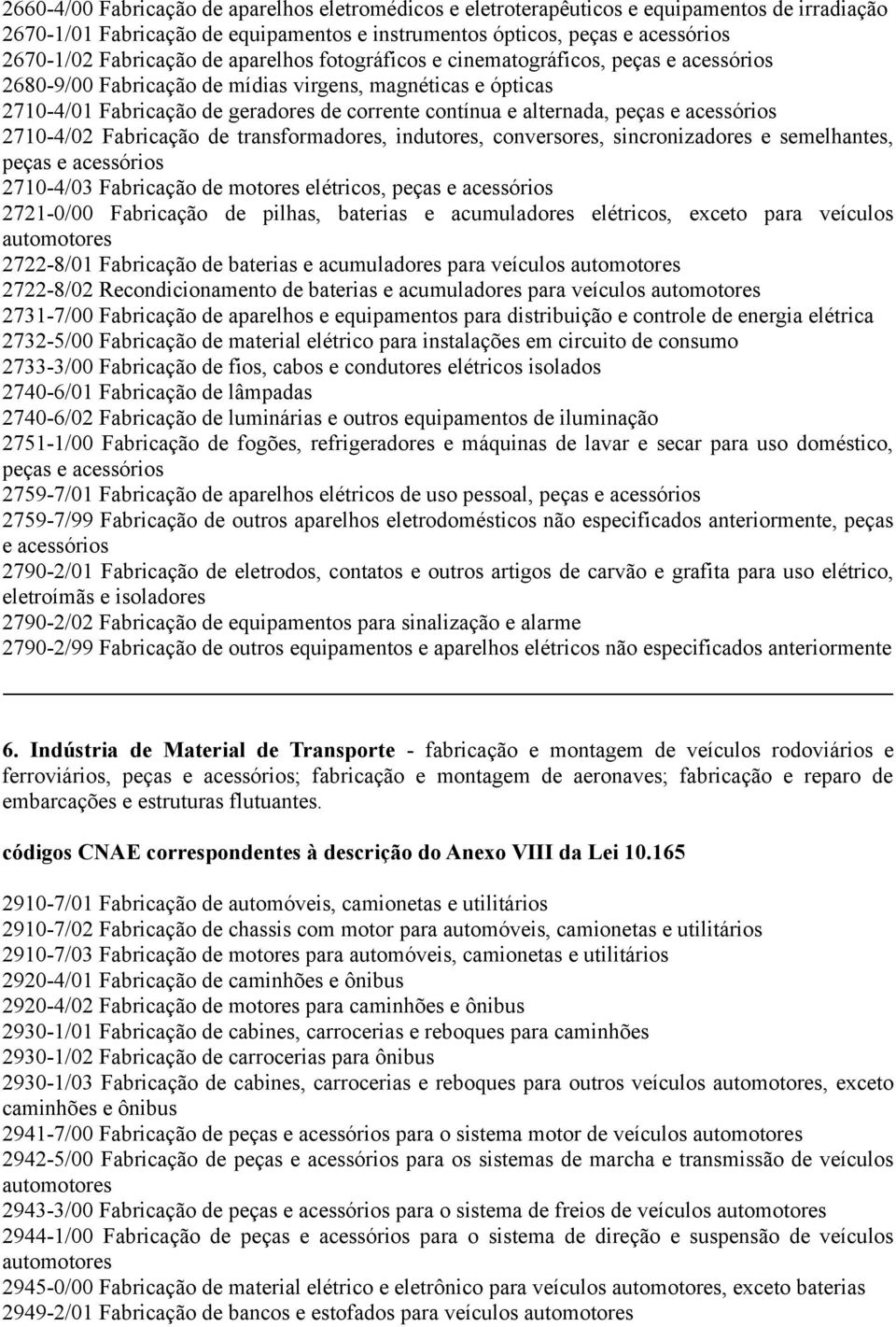 e acessórios 2710-4/02 Fabricação de transformadores, indutores, conversores, sincronizadores e semelhantes, peças e acessórios 2710-4/03 Fabricação de motores elétricos, peças e acessórios 2721-0/00