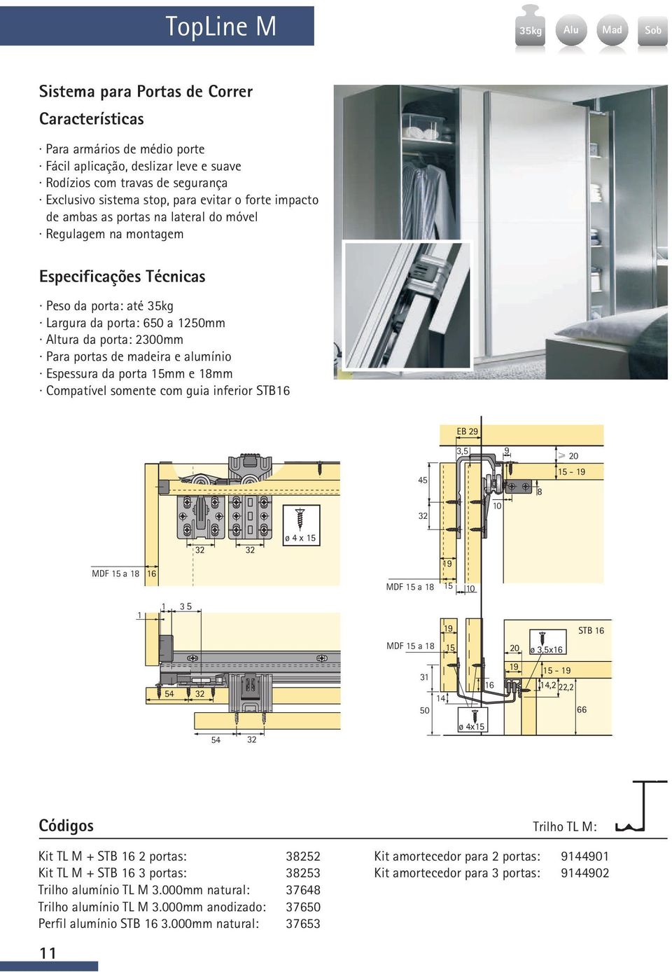 com guia inferior STB16 EB 29 3,5 9 20 45 10 8-19 MDF a 18 16 ø 4 x MDF a 18 19 10 1 1 3 5 MDF a 18 19 20 ø 3,5x16 STB 16 54 31 14 50 16 19-19 14,2 22,2 66 54 ø 4x Trilho TL M: Kit TL M + STB 16 2