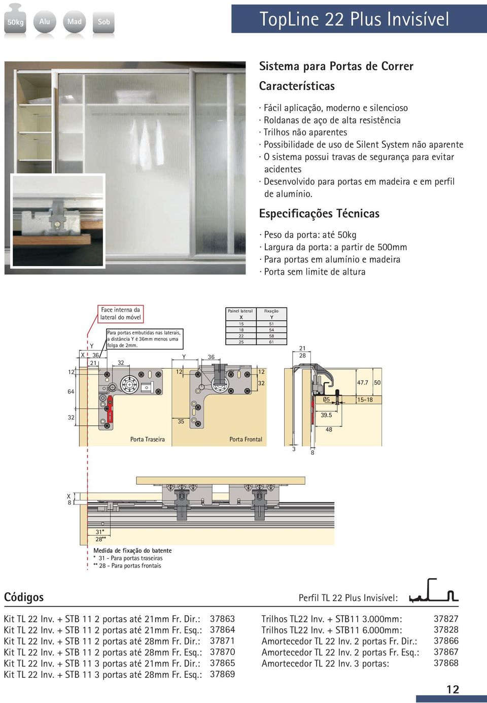 Peso da porta: até 50kg Largura da porta: a partir de 500mm Para portas em alumínio e madeira Porta sem limite de altura Face interna da lateral do móvel Painel lateral X Fixação Y 51 X Y 36 21 Para