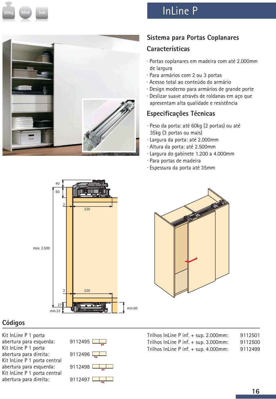 qualidade e resistência Peso da porta: até 60kg (2 portas) ou até 35kg (3 portas ou mais) Largura da porta: até 2.000mm Altura da porta: até 2.500mm Largura do gabinete 1.200 a 4.