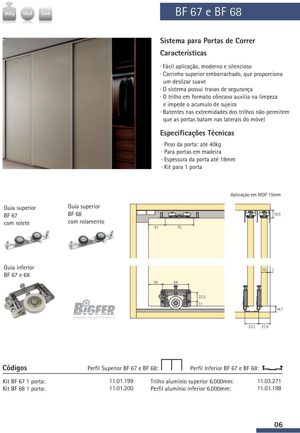 Espessura da porta até 18mm Kit para 1 porta Aplicação em MDF mm Guia superior BF 67 com rolete Guia superior BF 68 com rolamento 41 70 19.5 Guia inferior BF 67 e 68 30 64 7 22.5 14.7 33.3 27.