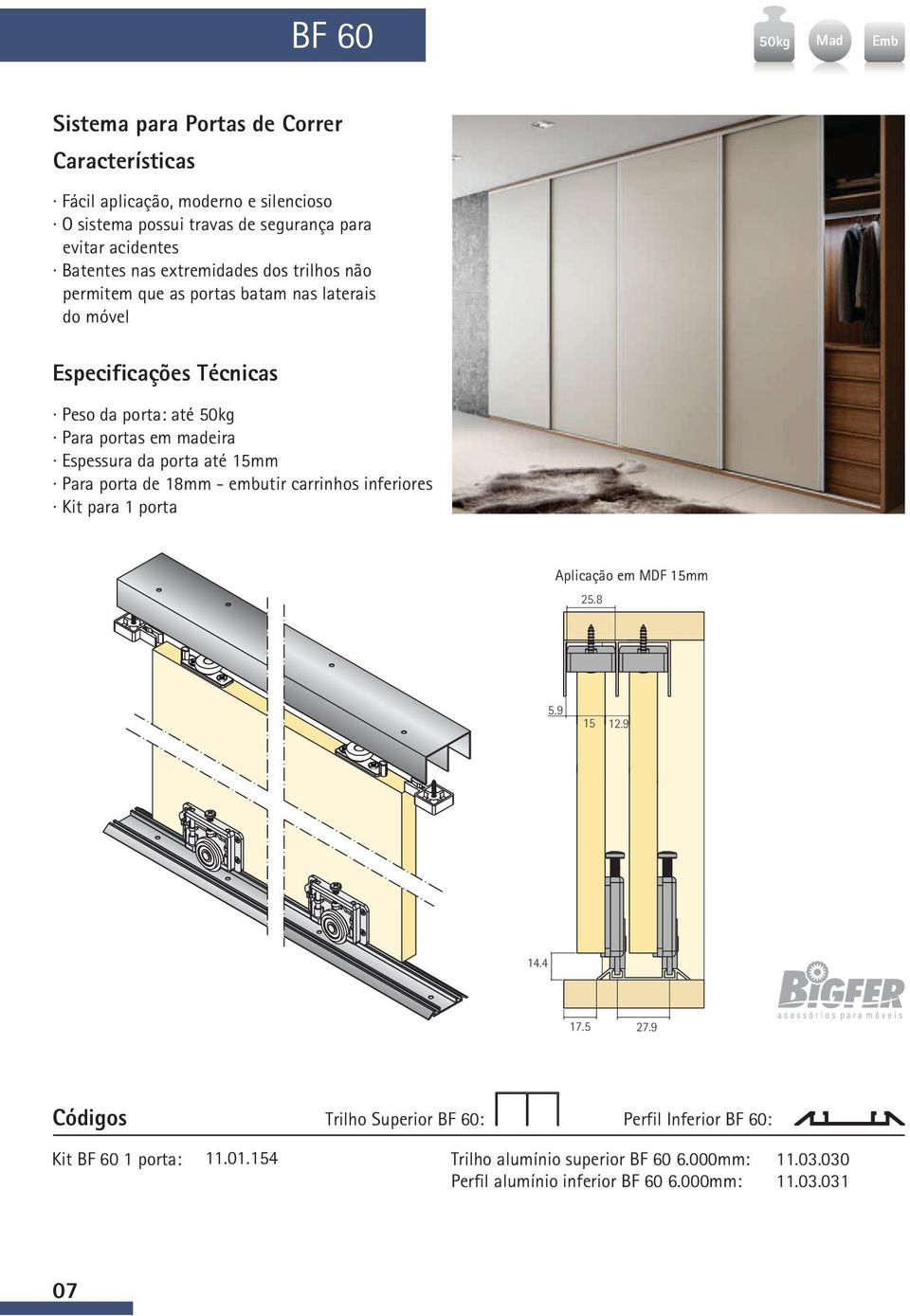 Para porta de 18mm - embutir carrinhos inferiores Kit para 1 porta Aplicação em MDF mm 25.8 5.9.9 14.4 17.5 27.