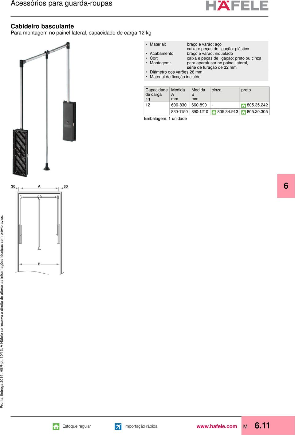 Cabideiro Para montagem no painel lateral, capacidade de carga 12 kg Acabamento: Cor: Diâmetro dos varões 28 Material de fixação incluído br e varão: caixa e peças de ligação: