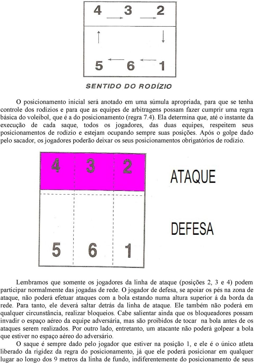 Ela determina que, até o instante da execução de cada saque, todos os jogadores, das duas equipes, respeitem seus posicionamentos de rodízio e estejam ocupando sempre suas posições.