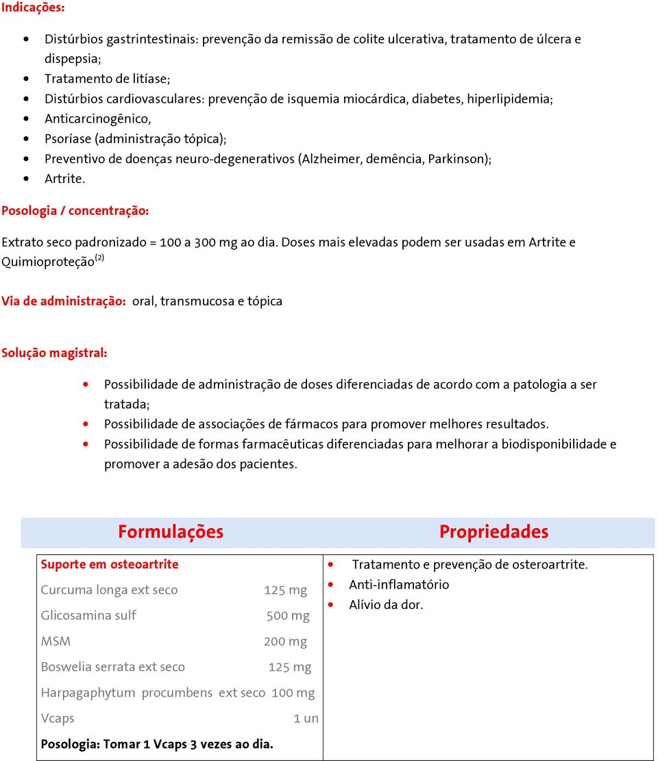 Posologia / concentração: Extrato seco padronizado = 100 a 300 mg ao dia.