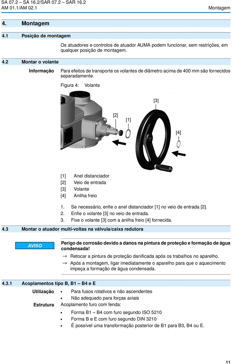 Se necessário, enfie o anel distanciador [1] no veio de entrada [2]. 2. Enfie o volante [3] no veio de entrada. 3. Fixe o volante [3] com a anilha freio [4] fornecida. 4.