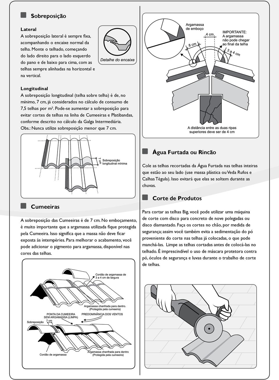 Longitudinal A sobreposição longitudinal (telha sobre telha) é de, no mínimo, 7 cm, já considerados no cálculo de consumo de 7,5 telhas por m².