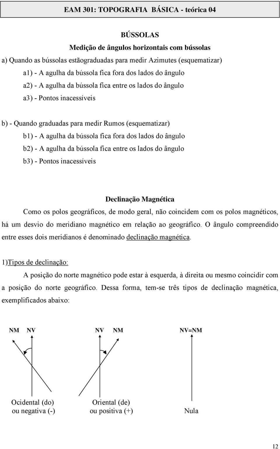 dos lados do ângulo b2) - A agulha da bússola fica entre os lados do ângulo b3) - Pontos inacessíveis Declinação Magnética Como os polos geográficos, de modo geral, não coincidem com os polos