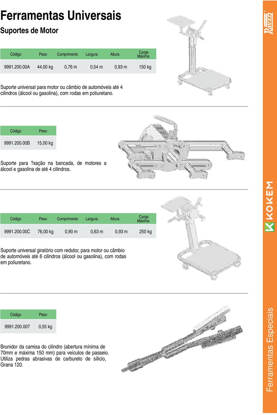 00B 15,00 kg Suporte para?xação na bancada, de motores a álcool e gasolina de até 4 cilindros. Comprimento Largura Altura Carga Máxima 9991.200.