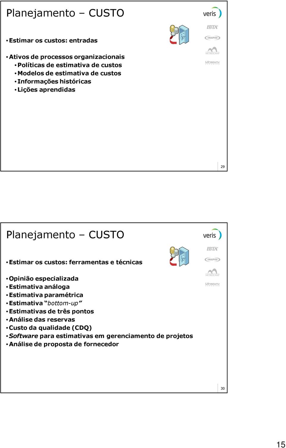 especializada Estimativa análoga Estimativa paramétrica Estimativa bottom-up Estimativas de três pontos Análise das