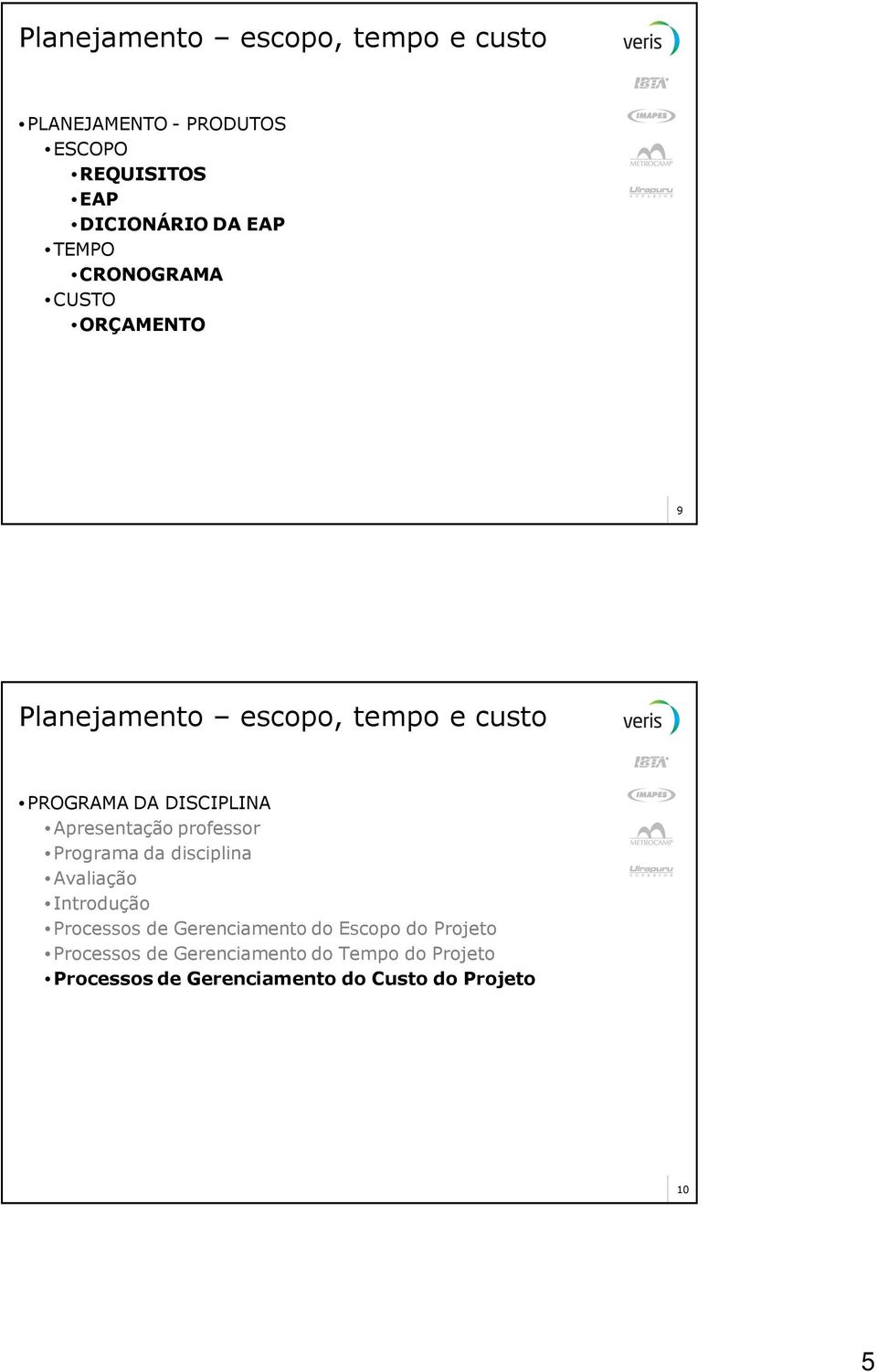 Apresentação professor Programa da disciplina Avaliação Introdução Processos de Gerenciamento do