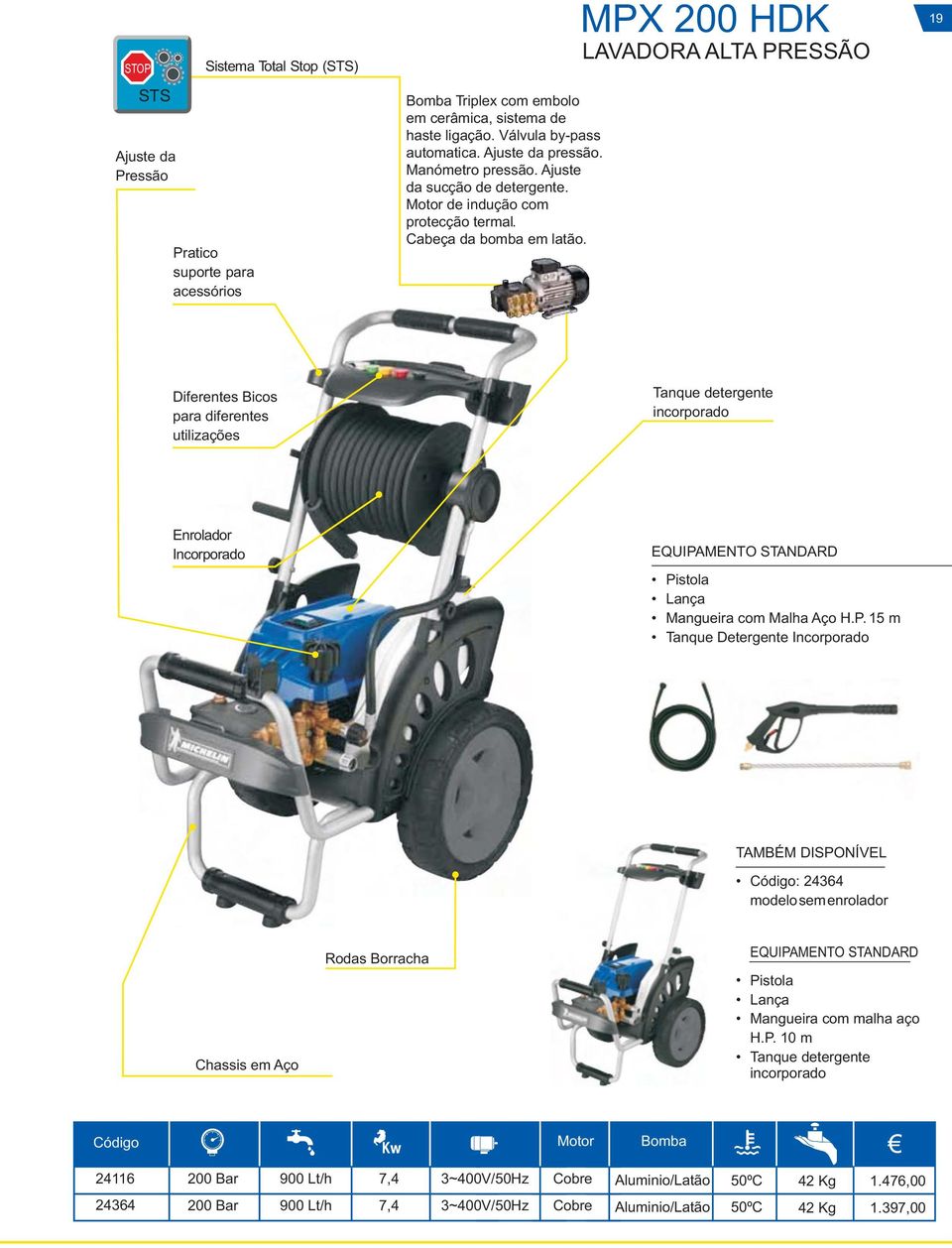 MPX 200 HDK LAVADORA ALTA PRESSÃO 19 Diferentes Bicos para diferentes utilizações Tanque detergente incorporado Enrolador Incorporado Pistola Lança Mangueira com Malha Aço H.P. 15 m Tanque Detergente Incorporado TAMBÉM DISPONÍVEL : 24364 modelo sem enrolador Chassis em Aço Rodas Borracha Pistola Lança Mangueira com malha aço H.