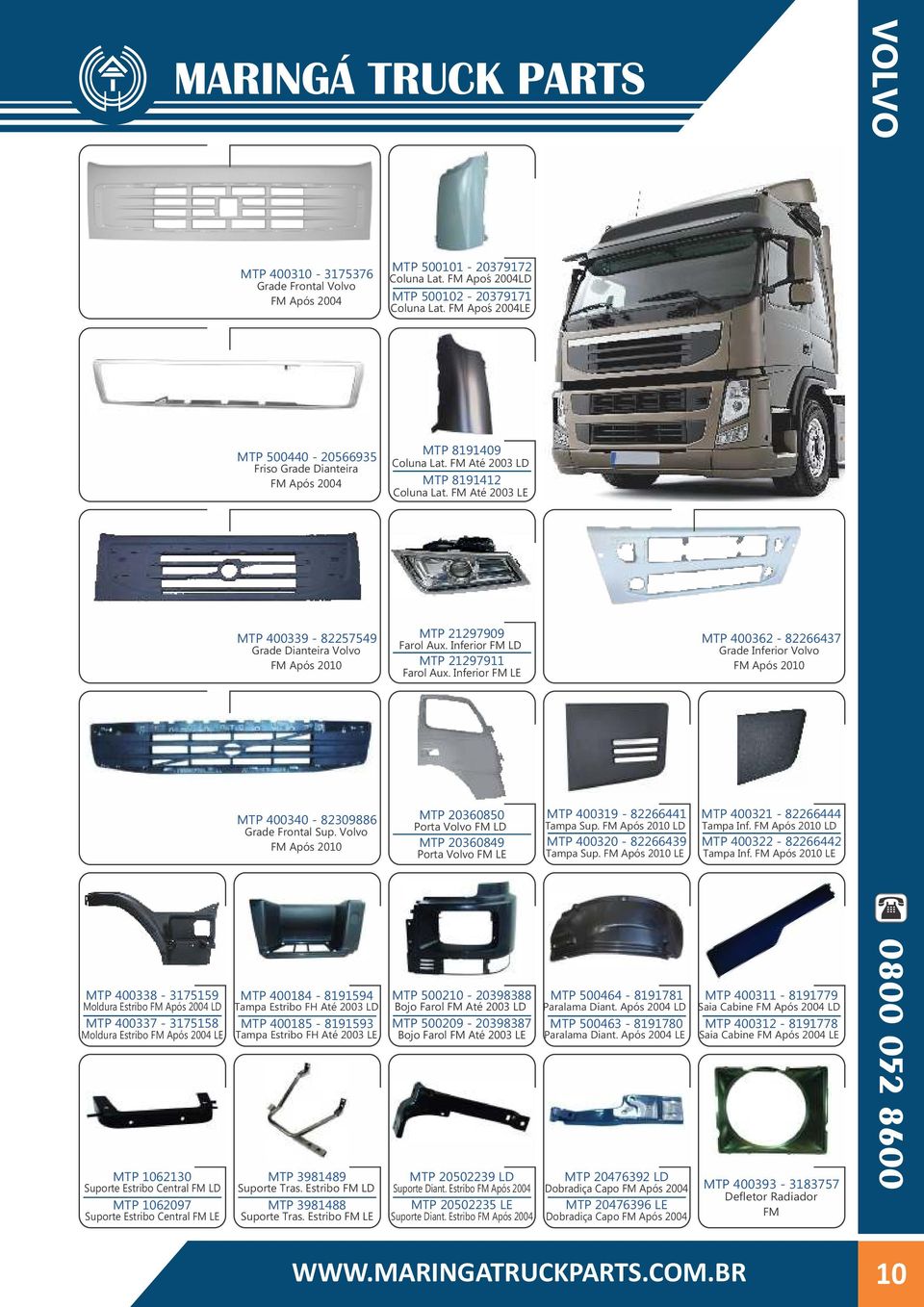 FM Até 2003 LE MTP 400339-82257549 Grade Dianteira Volvo FM Após 2010 MTP 21297909 Farol Aux. Inferior FM LD MTP 21297911 Farol Aux.