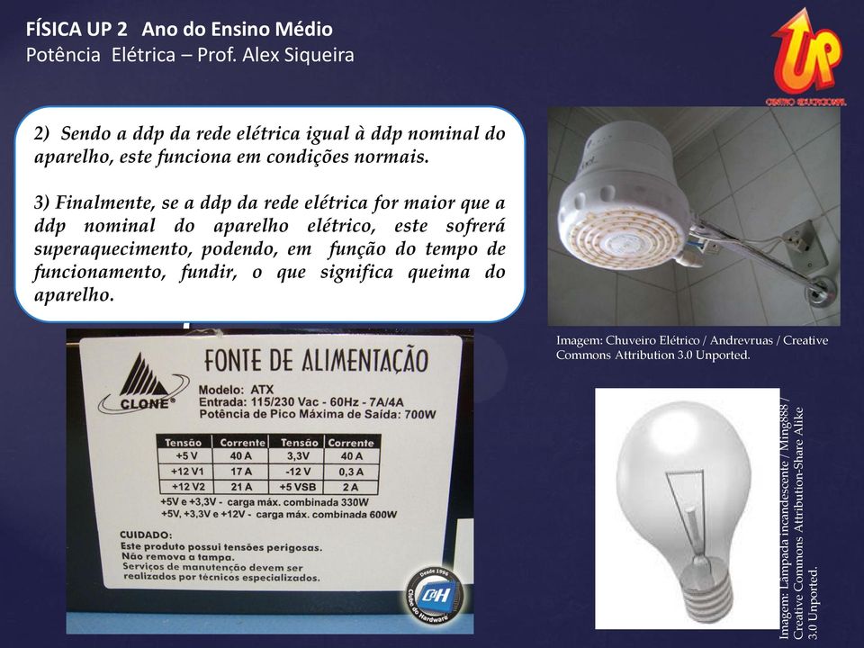 3) Finalmente, se a ddp da rede elétrica for maior que a ddp nominal do aparelho elétrico, este sofrerá superaquecimento, podendo,