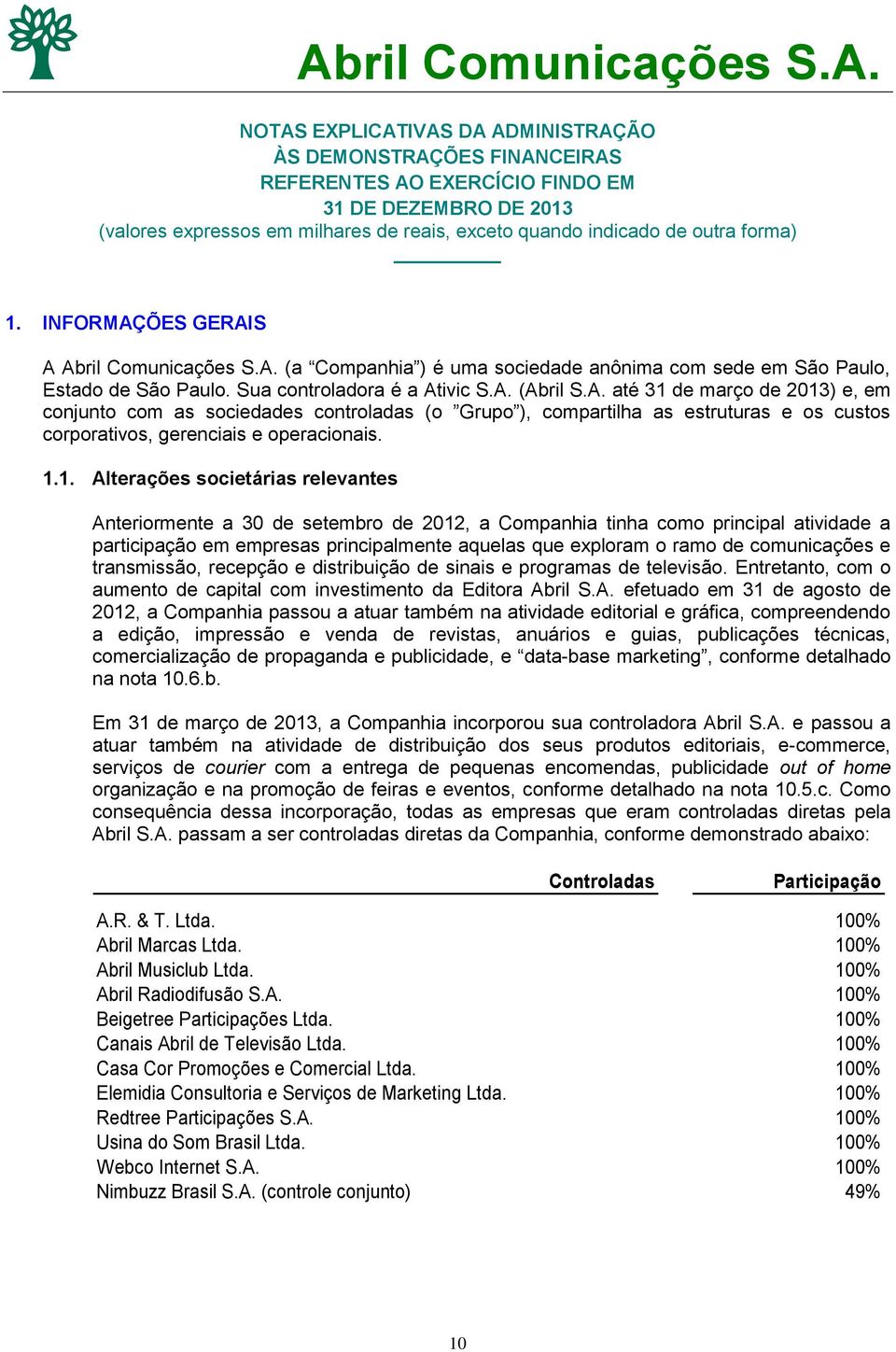 1.1. Alterações societárias relevantes Anteriormente a 30 de setembro de 2012, a Companhia tinha como principal atividade a participação em empresas principalmente aquelas que exploram o ramo de