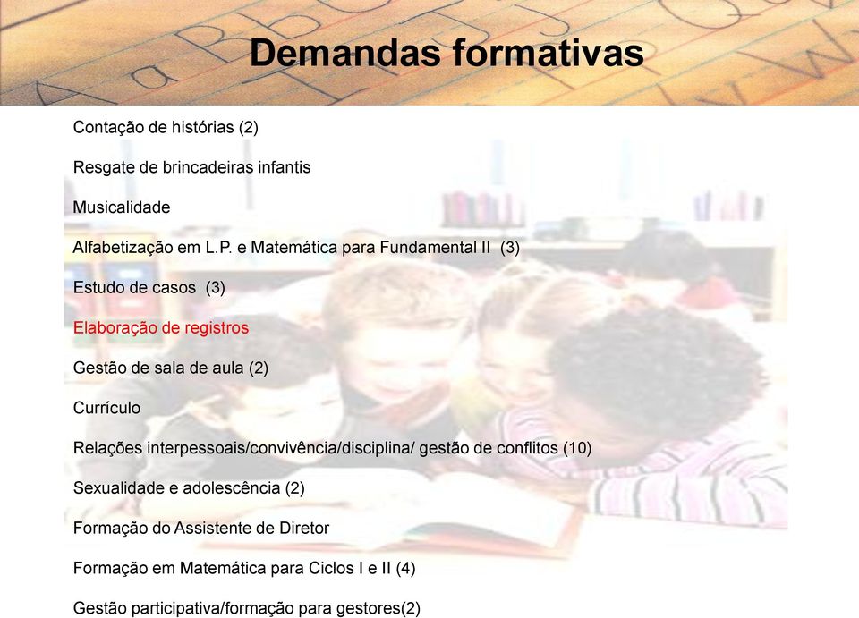 Currículo Relações interpessoais/convivência/disciplina/ gestão de conflitos (10) Sexualidade e adolescência (2)