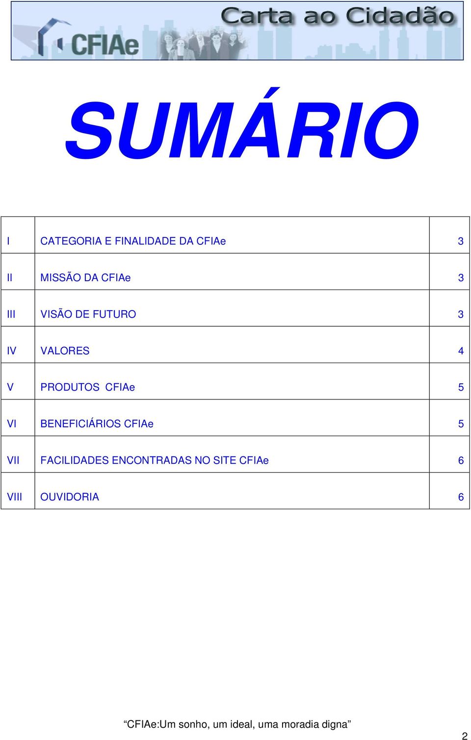 4 V PRODUTOS CFIAe 5 VI BENEFICIÁRIOS CFIAe 5 VII