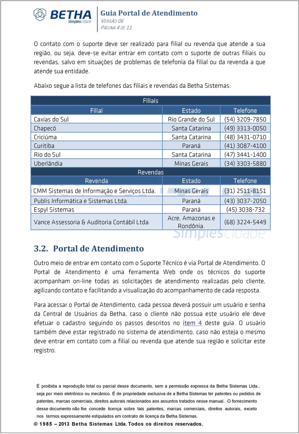 Abaixo segue a lista de telefones das filiais e revendas da Betha Sistemas: Filiais Filial Estado Telefone Caxias do Sul Rio Grande do Sul (54) 3209-7850 Chapecó Santa Catarina (49) 3313-0050