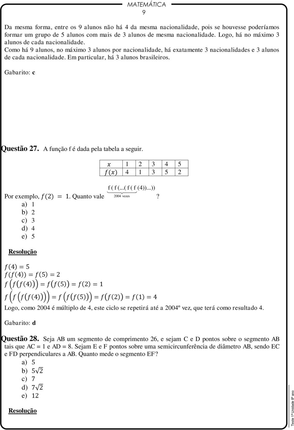 Em particular, há 3 alunos brasileiros. Gabarito: c Questão 27. A função f é dada pela tabela a seguir. Por exemplo,. Quanto vale 2004 vezes a) 1 b) 2 c) 3 d) 4 e) 5 1 2 3 4 5 4 1 3 5 2 f ( f (.