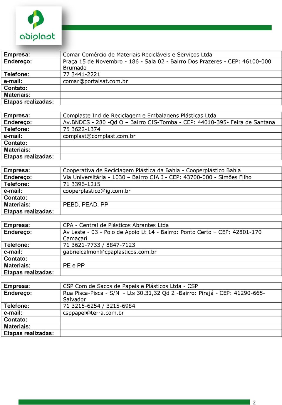 com.br PEBD, PEAD, PP CPA - Central de Plásticos Abrantes Ltda Av Leste - 03 - Polo de Apoio Lt 14 - Bairro: Ponto Certo CEP: 42801-170 Camaçari Telefone: 71 3621-7733 / 8847-7123