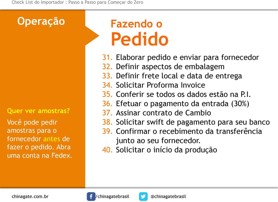 Definir frete local e data de entrega 34. Solicitar Proforma Invoice 35. Conferir se todos os dados estão na P.I. 36.