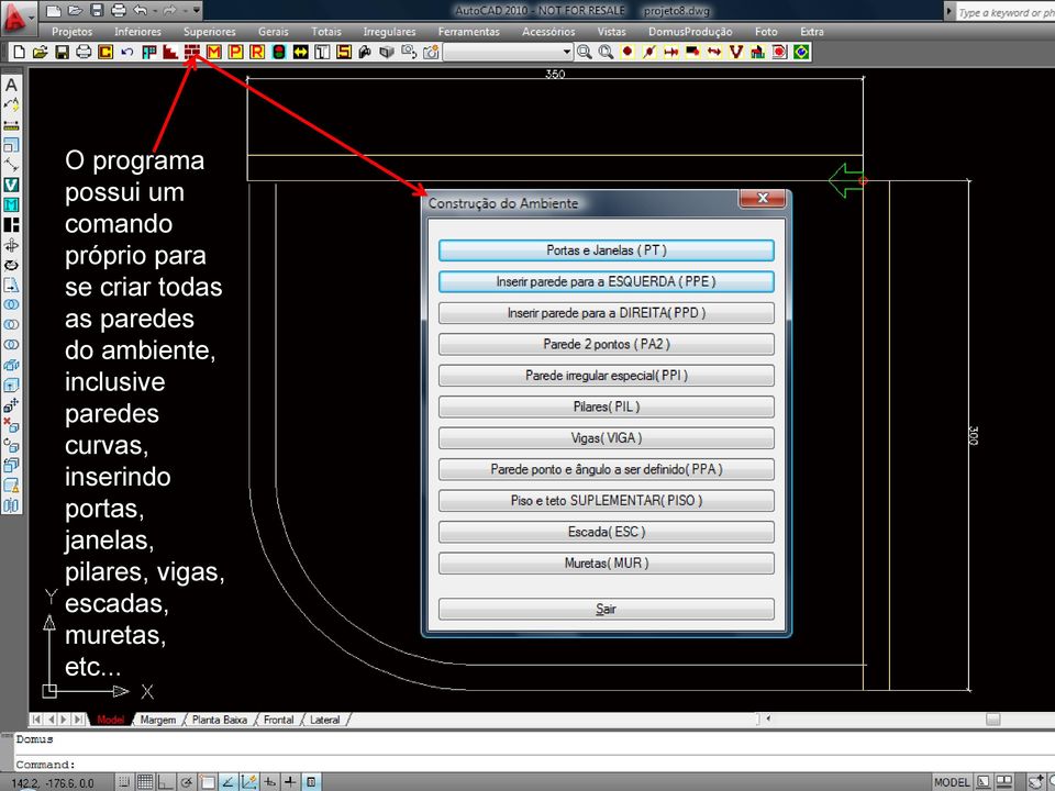 inclusive paredes curvas, inserindo portas,