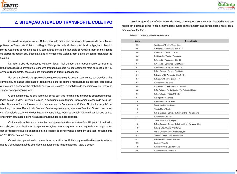 Tabela 1: Linhas atuais da área de estudo O eixo de transporte Norte Sul é o segundo maior eixo de transporte coletivo da Rede Metropolitana de Transporte Coletivo da Região Metropolitana de Goiânia,