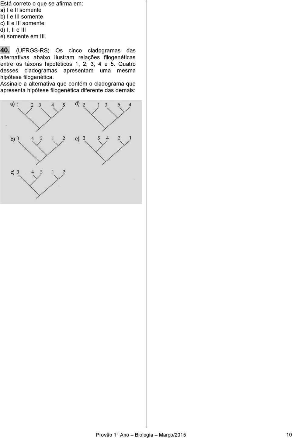 (UFRGS-RS) Os cinco cladogramas das alternativas abaixo ilustram relações filogenéticas entre os táxons hipotéticos