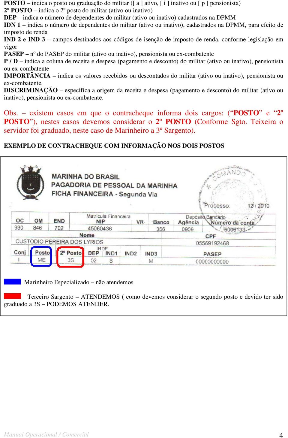 códigos de isenção de imposto de renda, conforme legislação em vigor PASEP nº do PASEP do militar (ativo ou inativo), pensionista ou ex-combatente P / D indica a coluna de receita e despesa