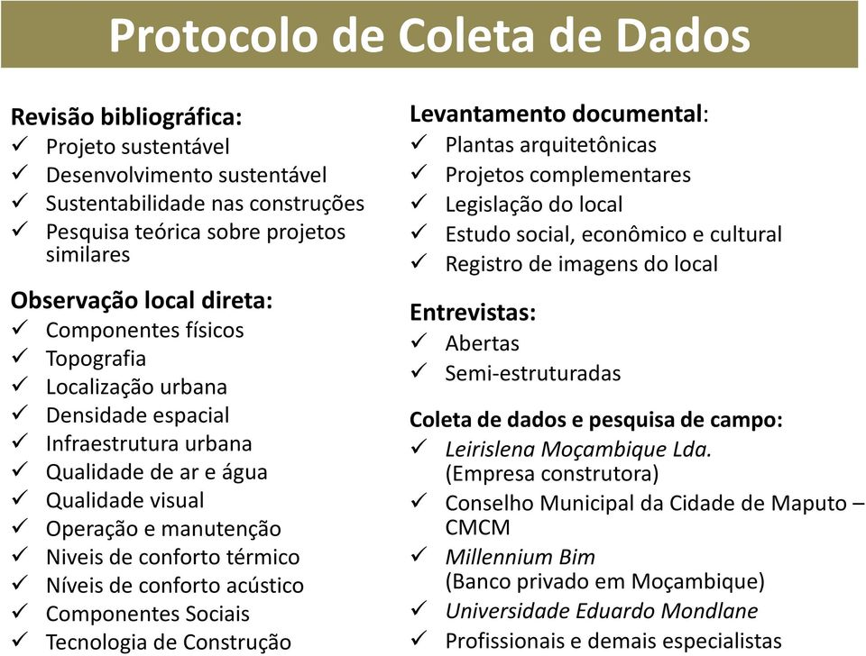 acústico Componentes Sociais Tecnologia de Construção Levantamento documental: Plantas arquitetônicas Projetos complementares Legislação do local Estudo social, econômico e cultural Registro de