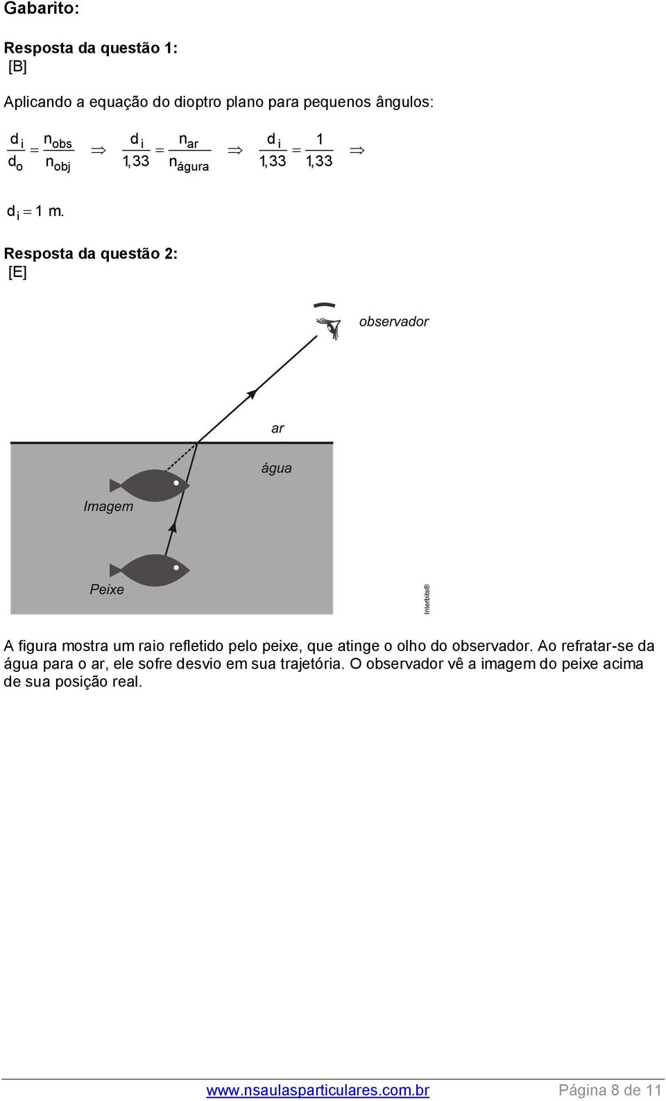 Resposta da questão 2: [E] A figura mostra um raio refletido pelo peixe, que atinge o olho do observador.