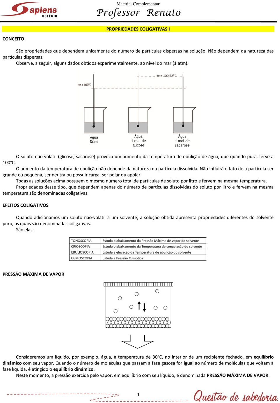 O soluto não volátil (glicose, sacarose) provoca um aumento da temperatura de ebulição de água, que quando pura, ferve a 100 C.